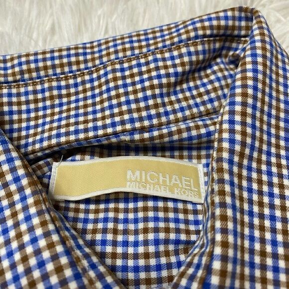 Michael Kors Dress Shirt Mens Size 15.5 / 32-33 Checkered Blue Brown Button Down - Picture 2 of 7